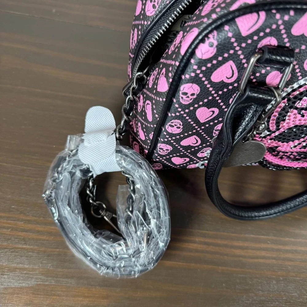 Ed Hardy Satchel Handbag Black Pink Skull Hearts Rhinestone Vegan Leather Purse